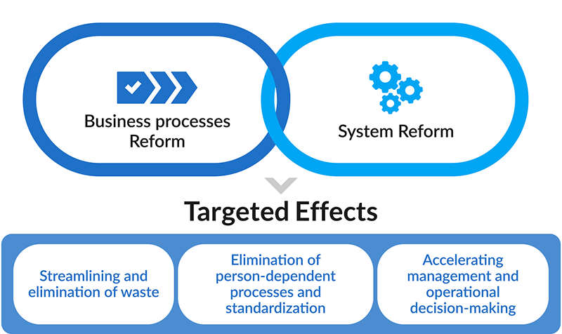 ・Business processes Reform・System Reform・Targeted Effects・Streamlining and elimination of waste・Elimination of person-dependent processes and standardization・Accelerating management and operational decision-making